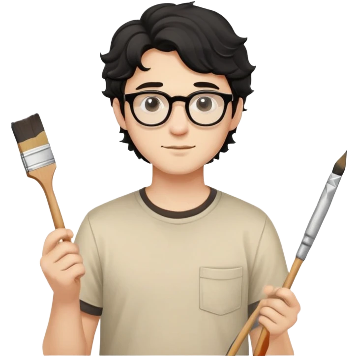 Young caucasian man with black wavy hair, round glasses, beige painting shirt, holding a square paintbrush emoji
