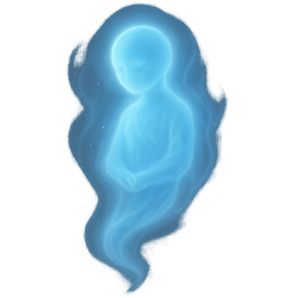 soul represented as a glowing blue spirit, ethereal and floating, mystical, soft light, transparent, spiritual essence emoji