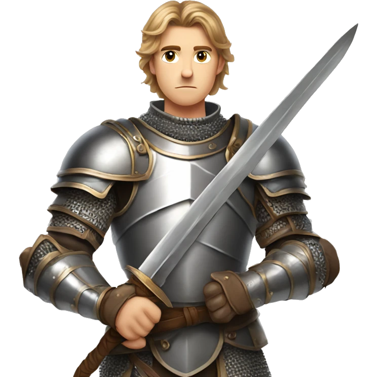 With gray eyes, with gray eyes, A young man with light brown hair and gray eyes, in knightly armor, fantasy, looks seriously, holds a sword in his hands emoji