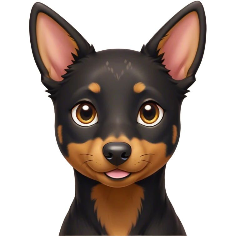 Cinematic Cute Black and Tan Kelpie Portrait Emoji, Head tilted playfully and inquisitively, featuring a sleek black Fur with vibrant tan markings, round, sparkling dark eyes filled with curiosity, Simplified yet irresistibly adorable features, highly detailed, glowing with a warm, friendly glow, high shine, affectionate and spirited, stylized with a touch of whimsy, bright and endearing, soft glowing outline, capturing the essence of a mischievous yet loving herder, so playful it feels like it could leap out of the screen and into your arms! emoji