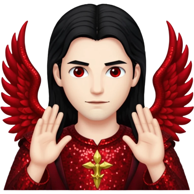 Lucifer from The Bible with long black hair, dark red sequin outfit emoji