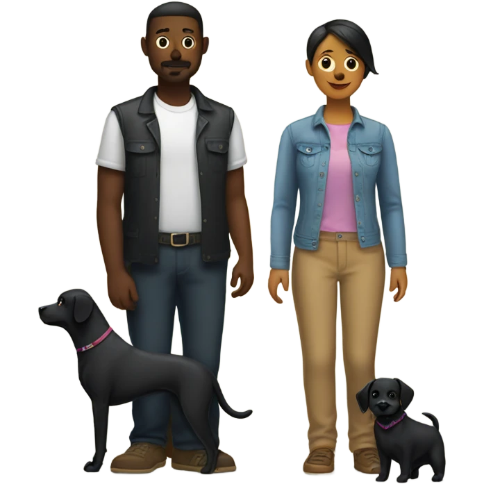 Lesbian woman and gay man stand next to a black dog emoji