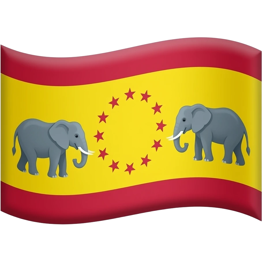 Describe the emoji is flag in the three colours one upper red middle yellow lower red in the middle yellow you create that one circle that circle had 28 stars and 20th stars inside flee tree flower in inside the two elephants are one in left and another in right emoji