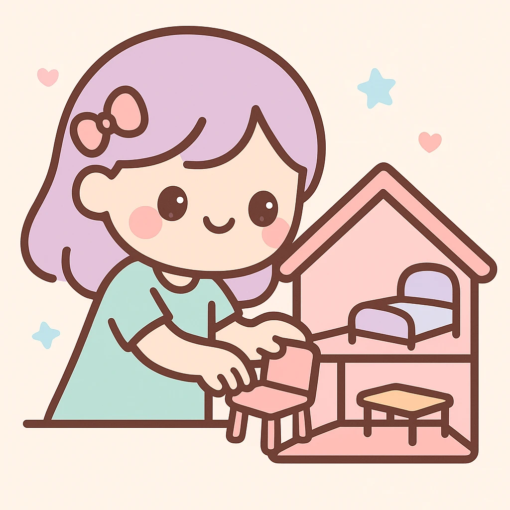 smiling girl arranging furniture in doll house emoji