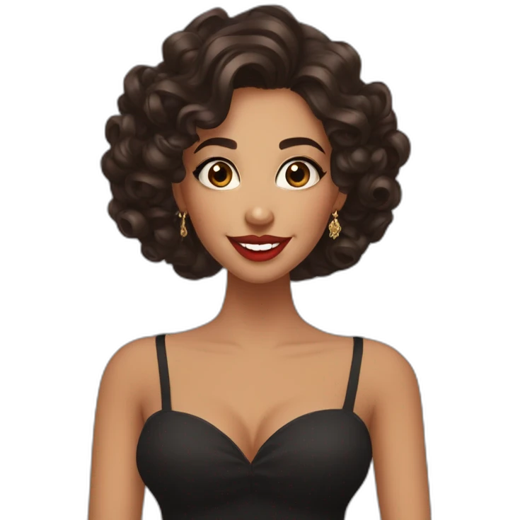 young moroccan woman with dark brown eyes, brown long curling hair with lighter tips, red lips, big smile, cleavage black dress emoji