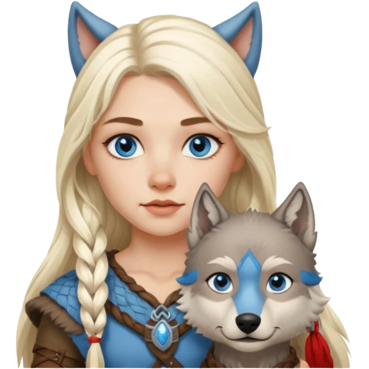 Viking platinum blonde girl with long hair, forelocks and blue eyes. Wolf pet emoji