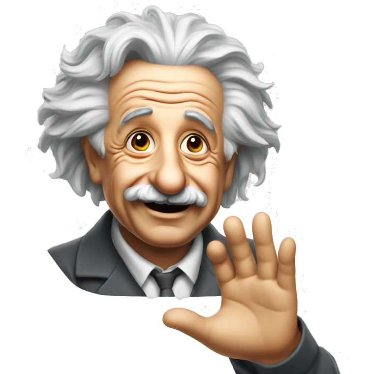 albert einstein vawes with hand and is happy emoji