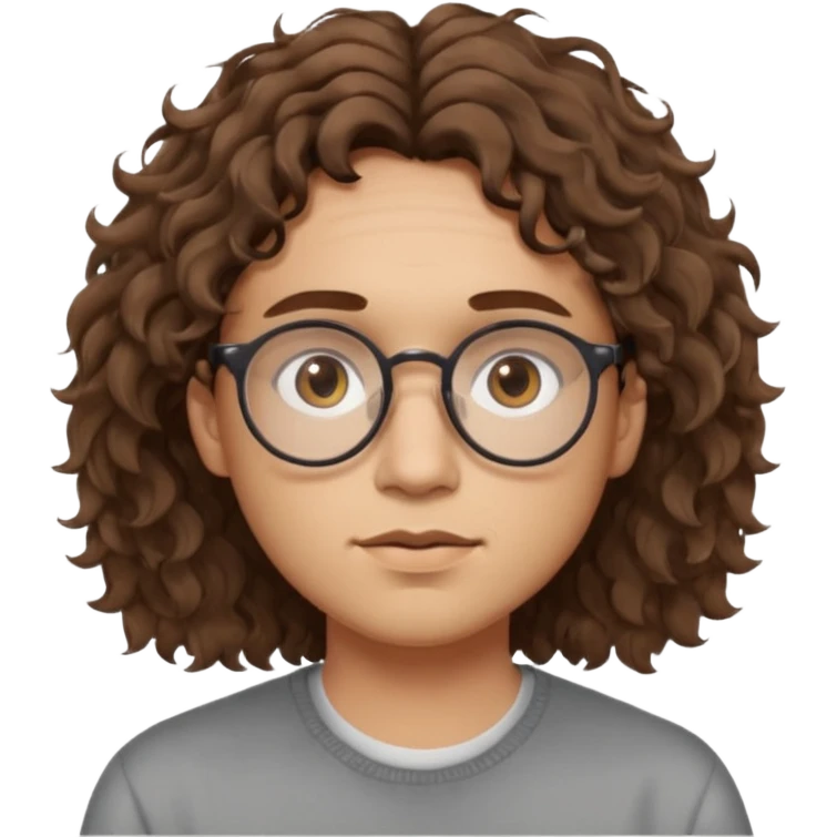 Slim, slightly oval face, light skin.
Medium-length brown wavy/curly hair, slightly messy.
Brown eyes, round eyeglasses.
Soft, calm expression.
No beard or very light stubble.
Minimal, high-quality style, not cartoonish.
Neutral background, soft lighting. emoji