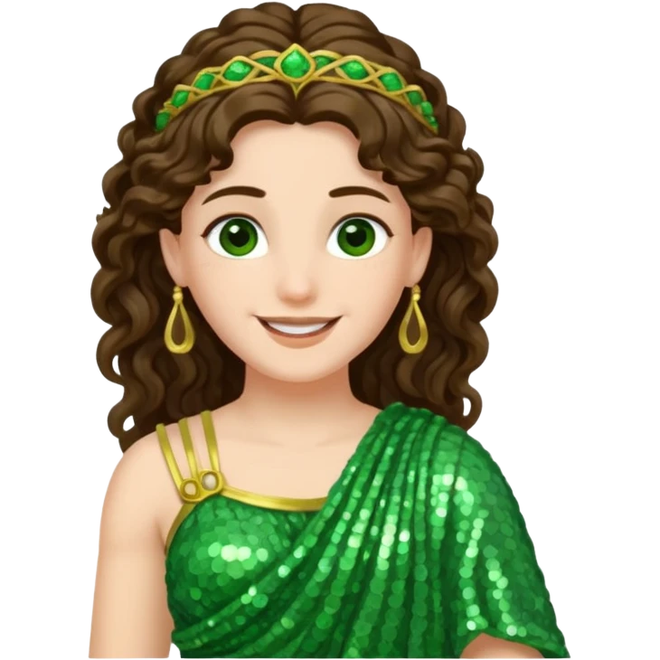 Juno, Goddess of Marriage from Roman Deities with long brunette wavy hair, green sequin toga emoji