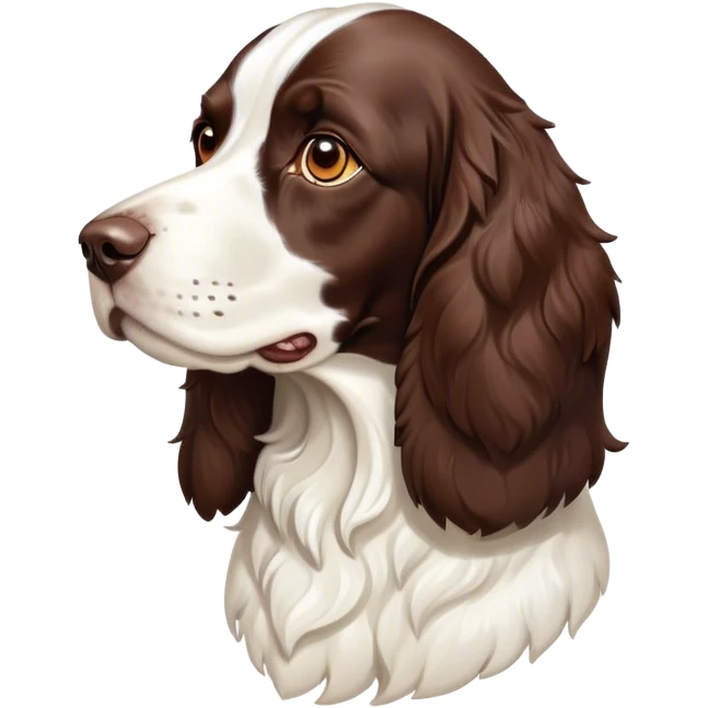 Cinematic Noble Springer Spaniel Portrait Emoji, Poised and regal, with a medium build and a glossy, well-groomed Fur of rich liver and white, deep-set soulful brown eyes, Simplified yet sharp and sophisticated features, highly detailed, glowing with a soft, dignified glow, high shine, intelligent and alert, stylized with an air of grace, focused and attentive, soft glowing outline, capturing the essence of a watchful and confident companion, so majestic it feels as though it could bound out of the screen with effortless authority! emoji