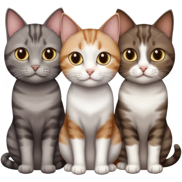 3 different coloured short haired cats including; a dark brown tabby and white cat, and a dark grey and white  emoji