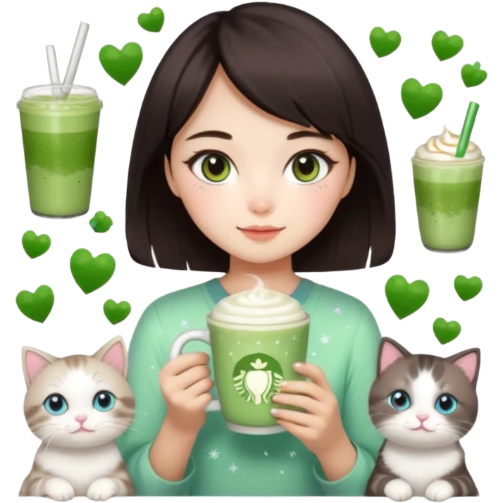asian girl with shoart dark brown hair with a soft girl glowup aesthetic. matcha latte sparkles girly things, 2 ragdoll cats, skincare, makeup emoji
