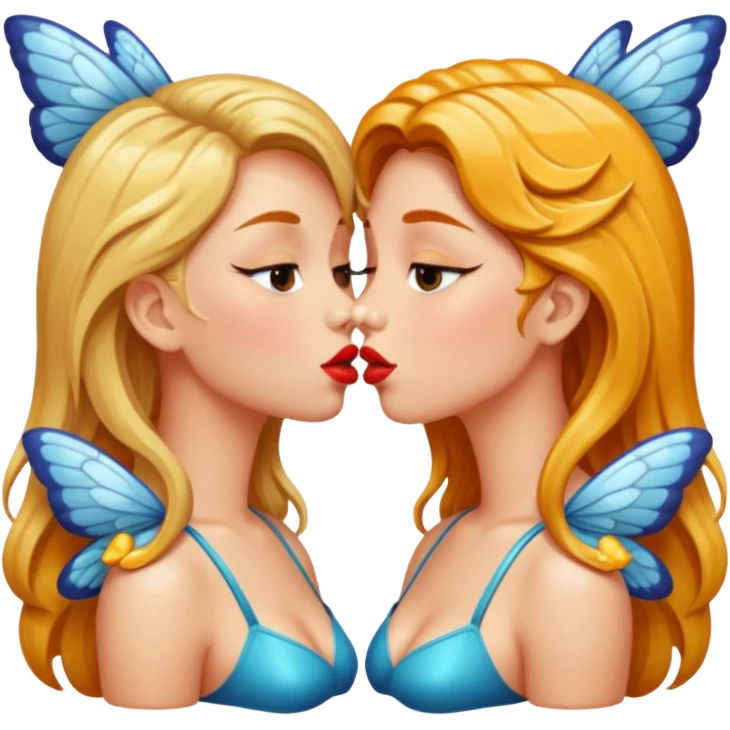 bust two women kissing honey gloss lips, wet hair, moth wings behind emoji