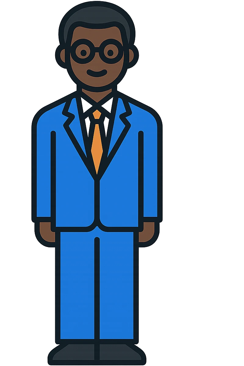 A dark-skinned man in a suit with glasses, full-length emoji