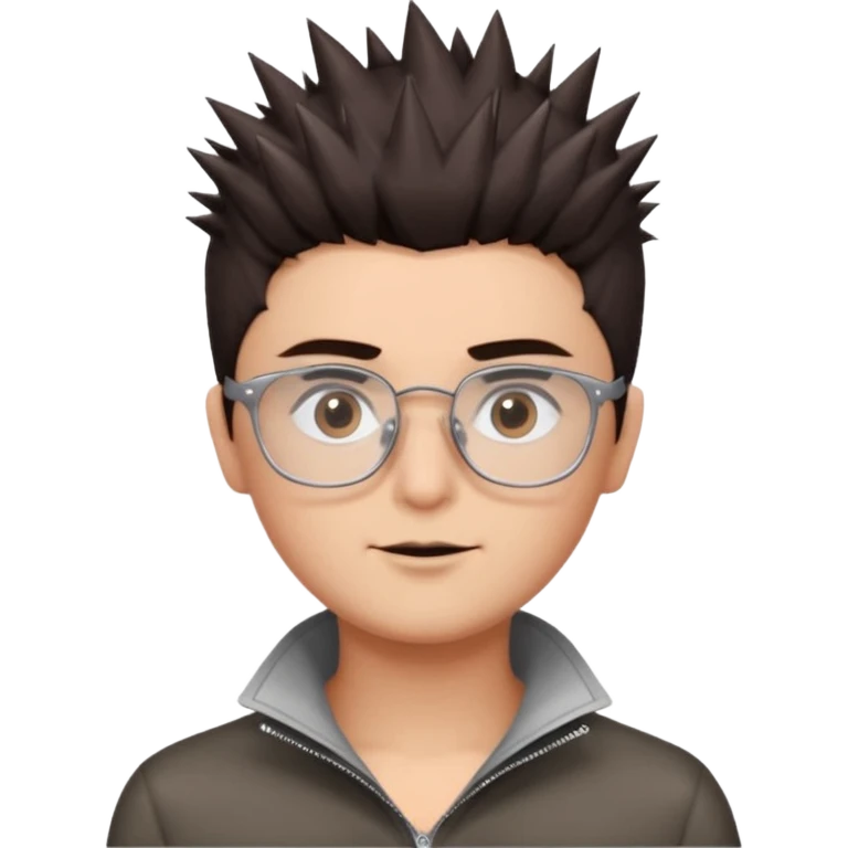 personagem com corte de cabelo espetadinho curto indo até o pescoço, cabelo castanho escuro, olho castanho escuro, sombrancelha castanho escuro, óculos sem aro prata quadrado. rosto fino emoji