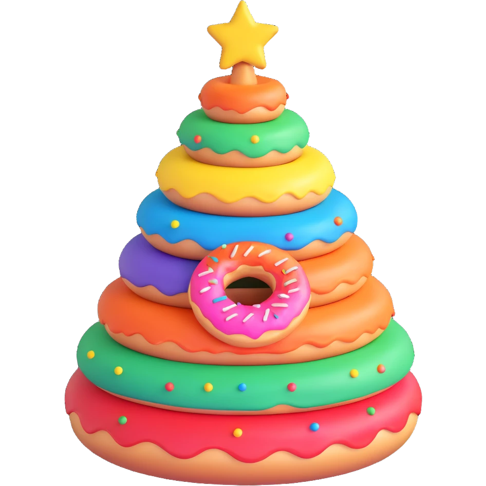 A Christmas tree in rainbow colors with an empty middle like a donut emoji