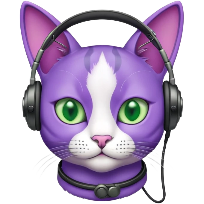 purple cat with green eyes and headphones like a pilot emoji