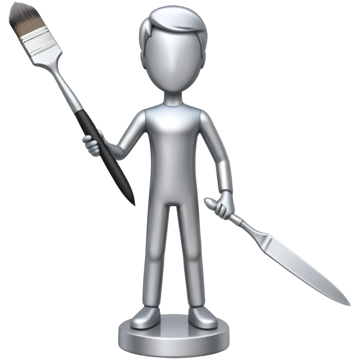 A paintbrush that transforms into a human metal silver silhouette sculpture, symbol of artistic identity, with a polished silver metallic finish emoji