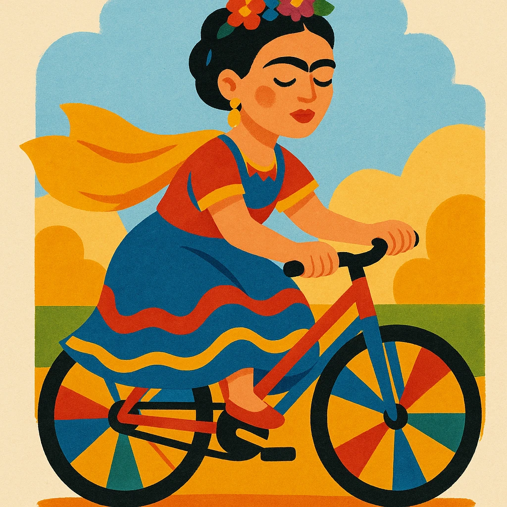 Frida Kahlo cycling, wearing traditional Mexican dress, colorful and lively, painterly style emoji