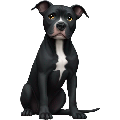 A black pitbull with his point ears are flopping and on the right side of its snout is white and the rest of its face is black except it has a thin white stripe on its forehead and a tiny bit oh white on its back neck and it’s got white feet  emoji