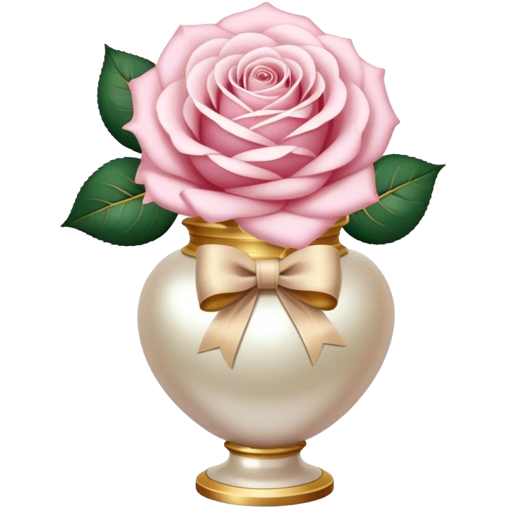 Realistic aesthetic powder pink rose in a pearl vintage vase and a beige bow with gold decoration  emoji