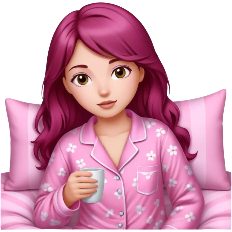 A beautiful, burgundy haired girl wearing pink pajamas emoji