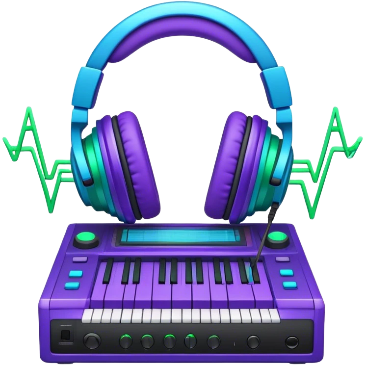 Create a creative and technical emoji that represents sound design. The design should feature a soundwave, a pair of studio headphones, and an audio synthesizer or soundboard to symbolize the manipulation and creation of unique soundscapes. Add subtle elements like audio cables, a mixing console, or a waveform to reflect the technical aspect of sound design. Use vibrant, futuristic colors like neon blue, purple, and green to represent innovation and creativity in sound. The background should be transparent. emoji