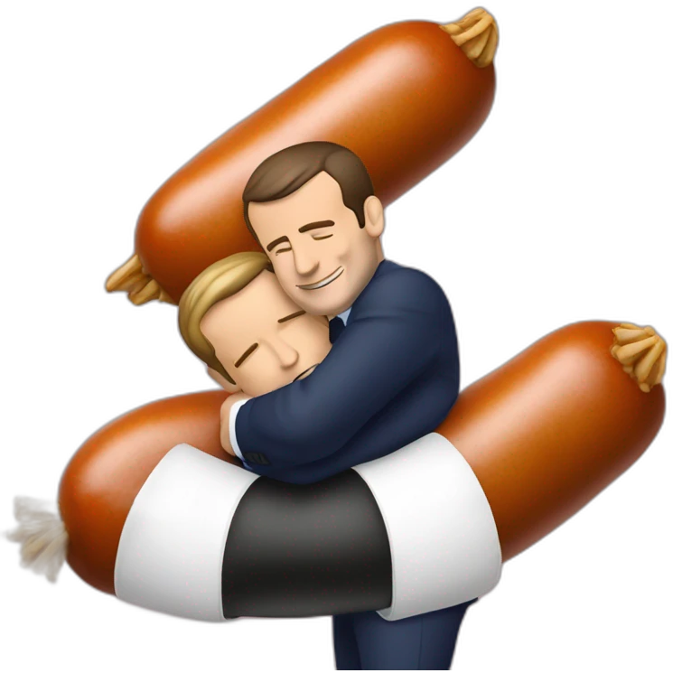 emmmanuel macron hugging a giant saussage emoji