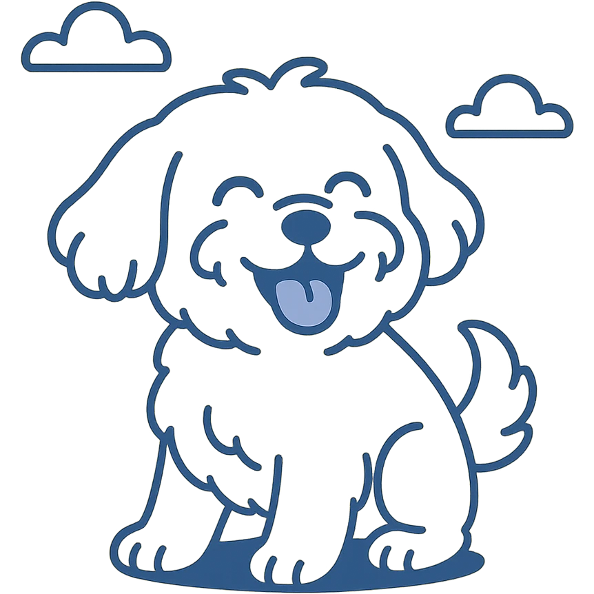 cute Maltese dog laughing, fluffy white fur, big eyes, playful expression, cartoon style emoji