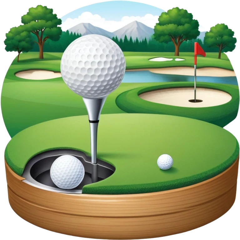 A golf ball on a tee with a golf club placed beside it, set against the backdrop of a well-manicured green golf course. The scene emphasizes the equipment and serene atmosphere of the sport, with soft lighting and a peaceful, open landscape emoji