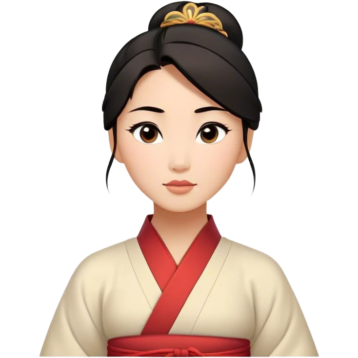 Cinematic Timeless Mulan Portrait Emoji, rendered in a clean vector style. Depict Mulan with warm, light-toned skin, neatly styled dark hair in a traditional bun, and a serene, confident expression, dressed in a simple traditional robe with minimal decoration. The image is highlighted by a soft, inviting glow and a subtle glowing outline, capturing enduring beauty and quiet strength. emoji