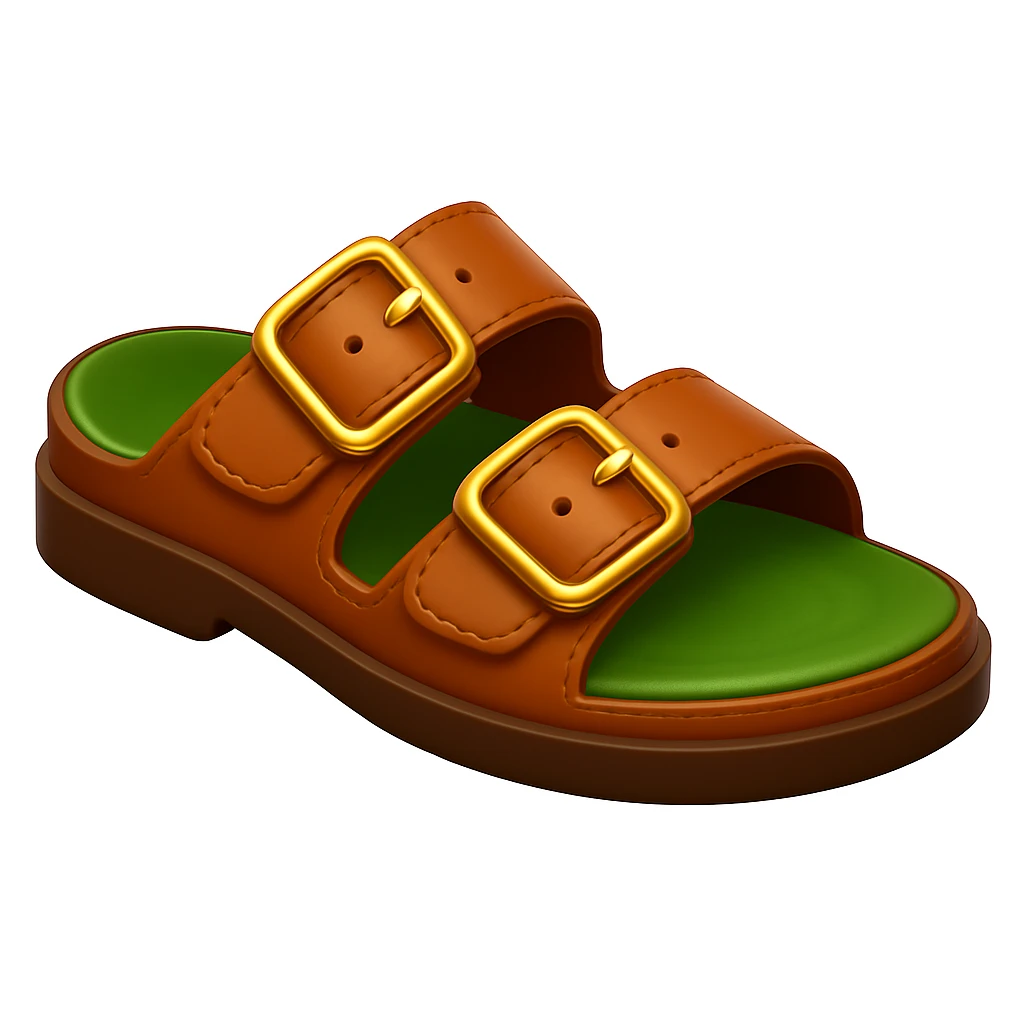 Keep the image exactly the same, just make the sole of the shoe brown. The style is iOS emoji style, 3D, shiny, smooth gradients, soft shadows, realistic brown sandal with straps, classic emoji look. emoji