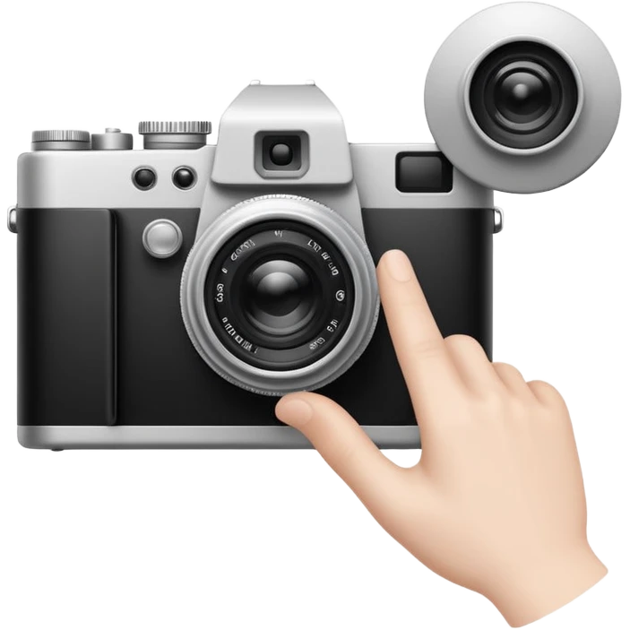 Minimalist emoji-style sticker of a photo camera ejecting a photo, but a hand comes out instead. Black and white, surreal icon.
 emoji