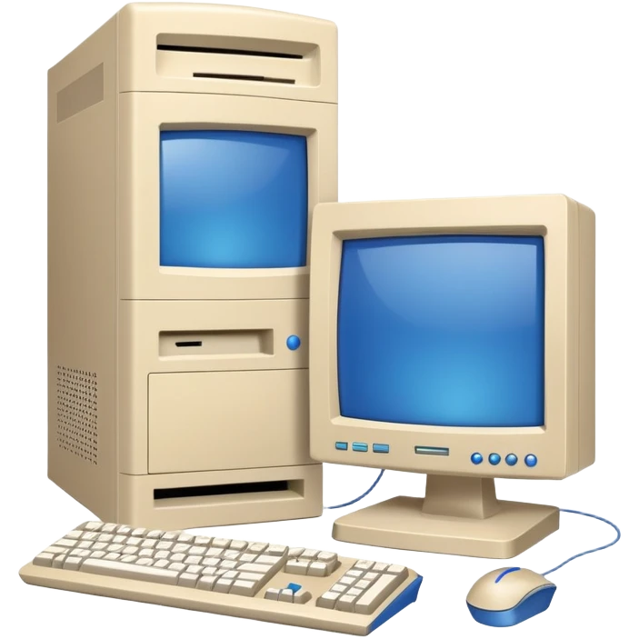Early 2000s desktop computer, beige plastic casing, CRT monitor with blue screen, tower CPU with CD drive, separate wired keyboard and mouse, simple tech setup emoji