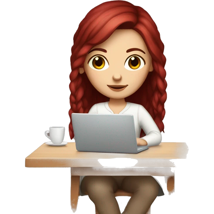 Slavic white girl with burgundy hair and brown eyes with laptop on the table  emoji