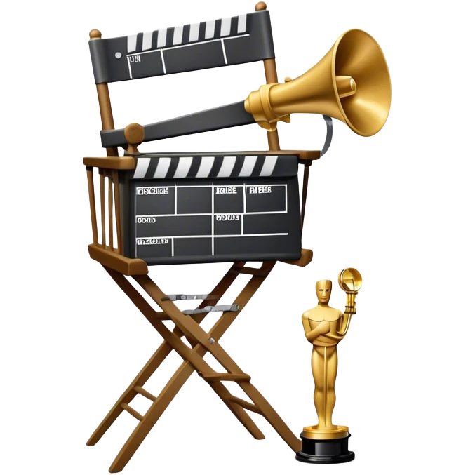 Icon for Directing: a director's chair, a film slate, a megaphone, a stack of script papers and an Oscar statuette. The icon should represent the creative and leadership aspects of directing, with focus on film and theater production. Transparent background. emoji