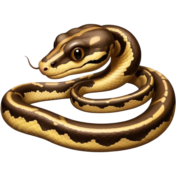 A photo-realistic headshot of a Ball Python with a rounded snout, soft contours, and a calm, curious look. Its warm brown head features bold dark markings, including the signature “alien-head” pattern. emoji
