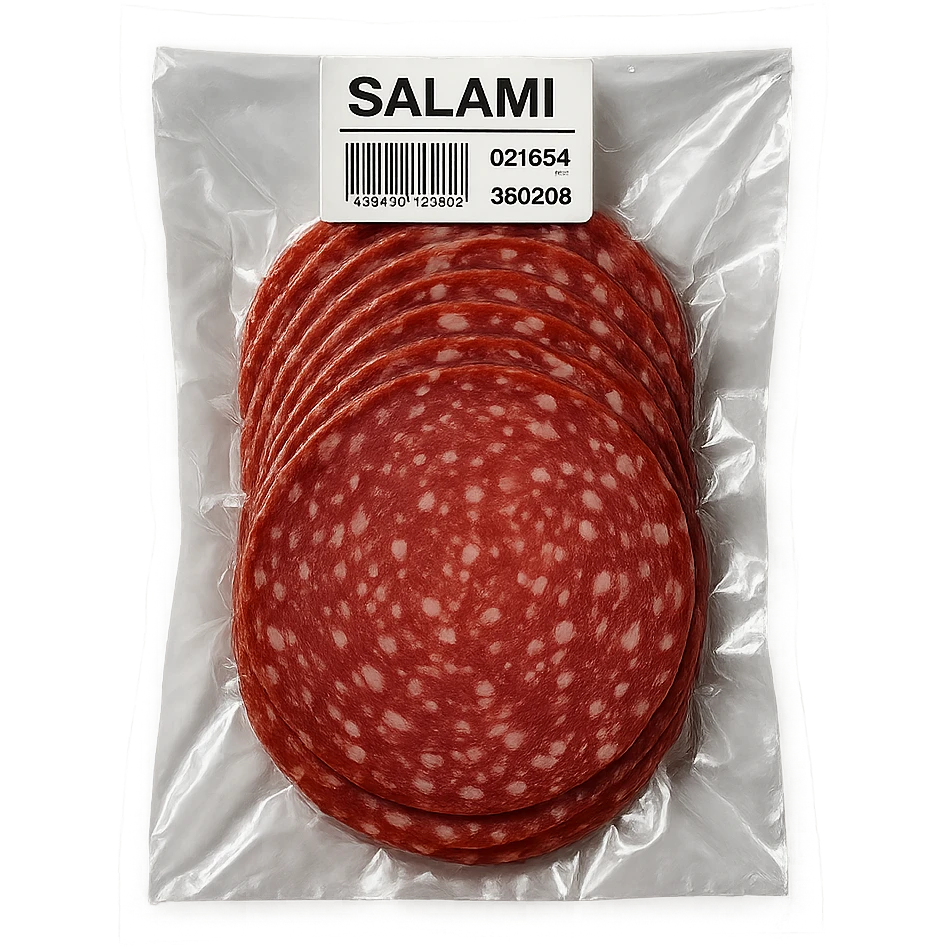 pre-sliced salami in clear vacuum-sealed plastic packaging with visible label, top-down view, clean background emoji