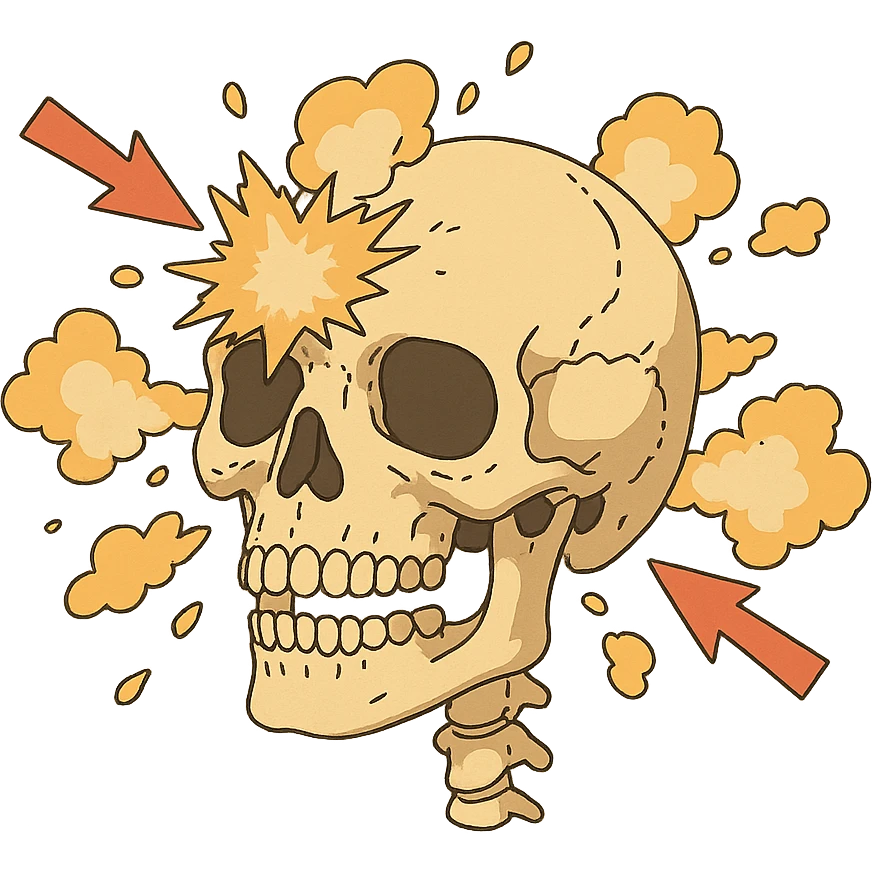 a skull exploding, diagram, front and back impact points,  emoji