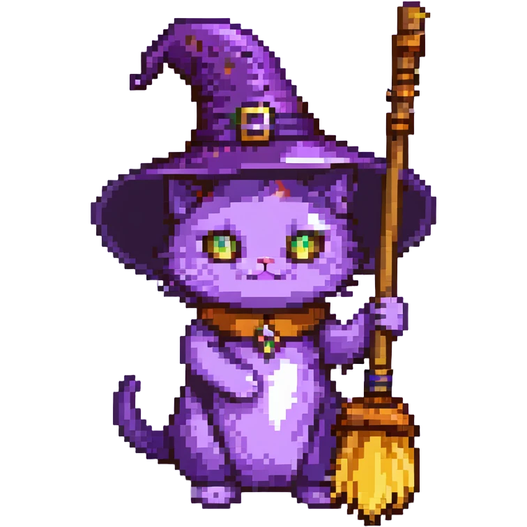 purple witch cat with a broom emoji