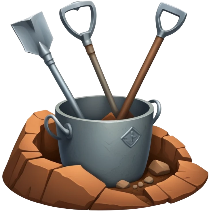 An icon featuring a shovel, pickaxe, and an ancient artifact like a broken pot, symbolizing the essentials of archaeology. The design focuses on the tools of excavation and discovery, recognizable look. Transparent background. emoji