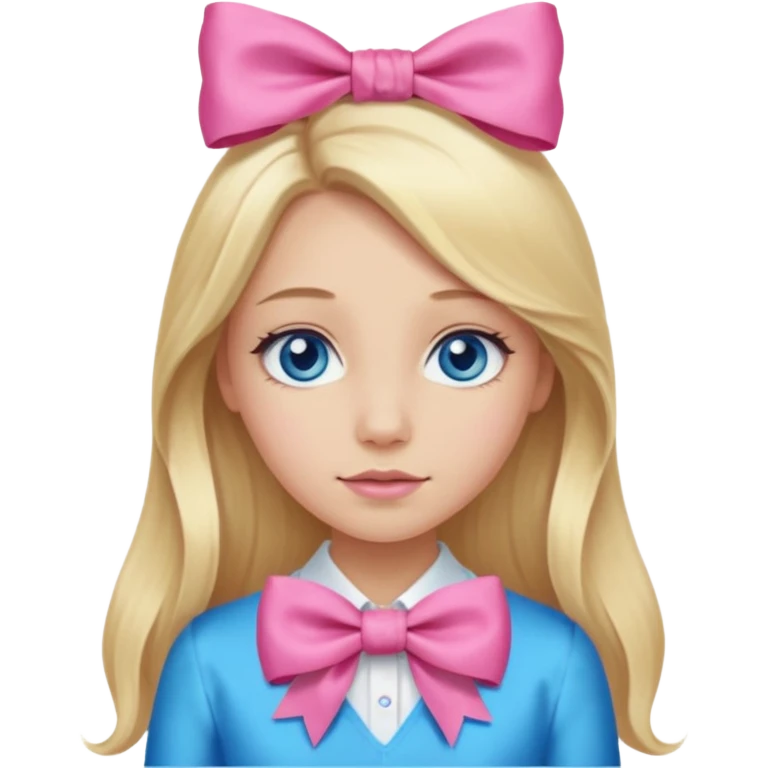 blonde girl long hair middle part, blue eyes,at with a bow emoji