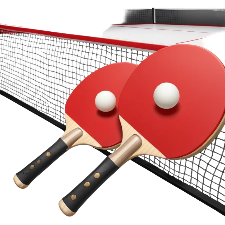 Two table tennis paddles and a ball placed on a ping pong table, with the net in the background. The scene conveys the simplicity and focus of the sport, with vibrant colors highlighting the rackets and ball on the smooth surface of the table. emoji