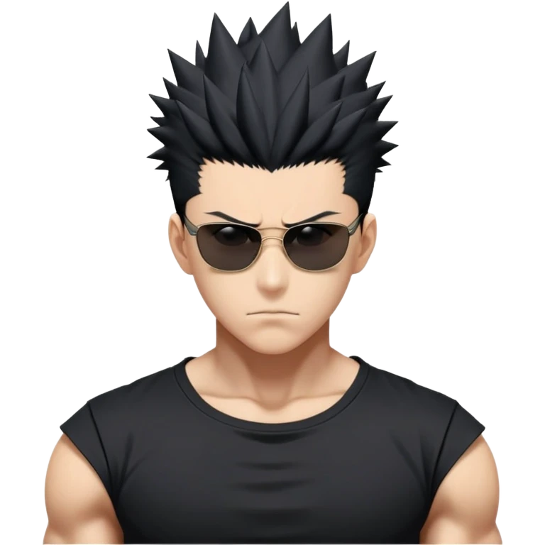 Satoru Gojo from Jujutsu Kaisen with spiky black hair, wearing form-fitting black t-shirt showing muscular build, confident expression, sunglasses on top of head emoji