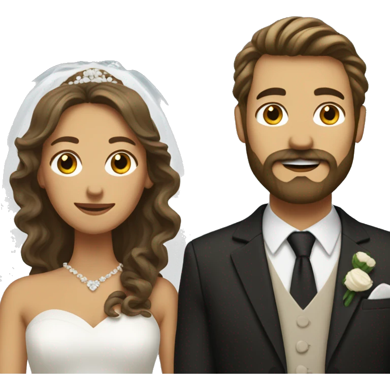 Tan woman bride with long hair wavy and white husband with brown hair, beard, and mustache  emoji