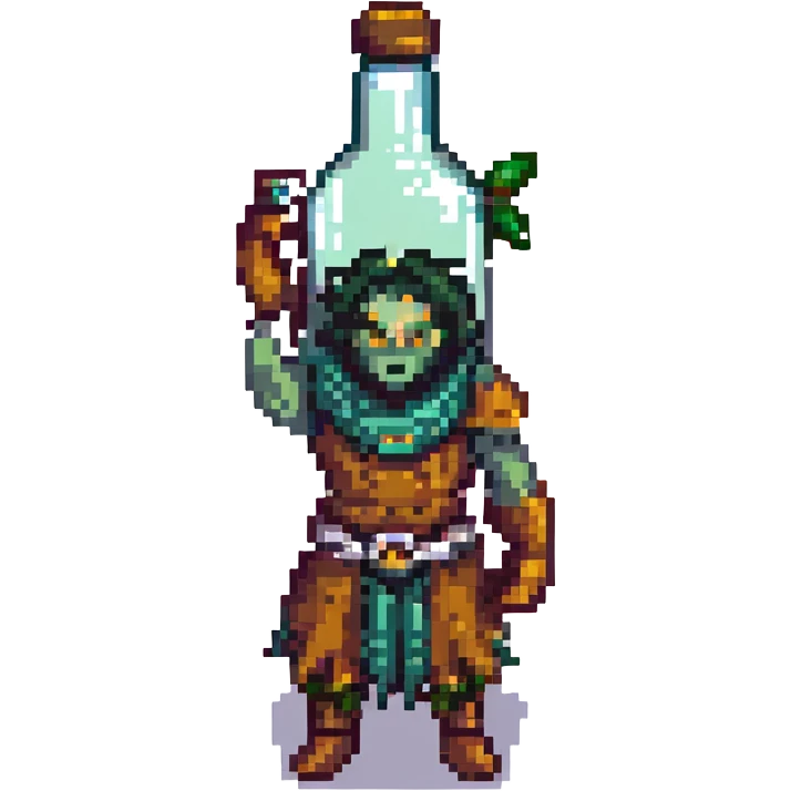 Final Fantasy spriggan holding a bottle of Fantasia, detailed and cute pixel art style emoji