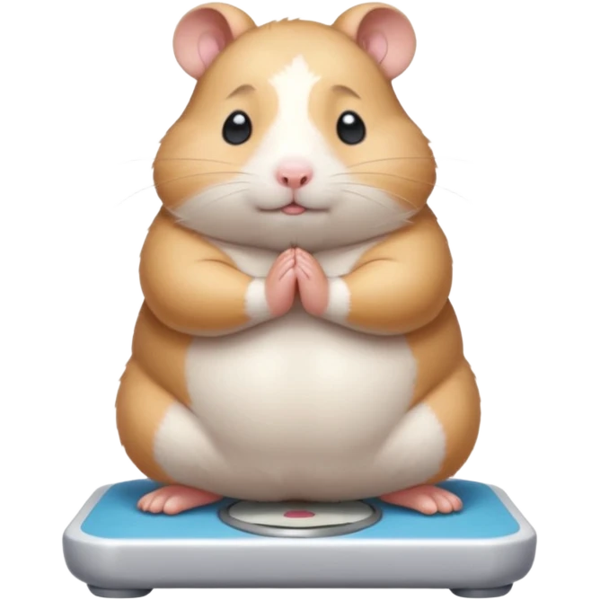 Cute chubby cartoon-style hamster standing on a bathroom scale, looking nervous with praying hands. Painterly shading, closed eyes, white background, sticker-style illustration emoji