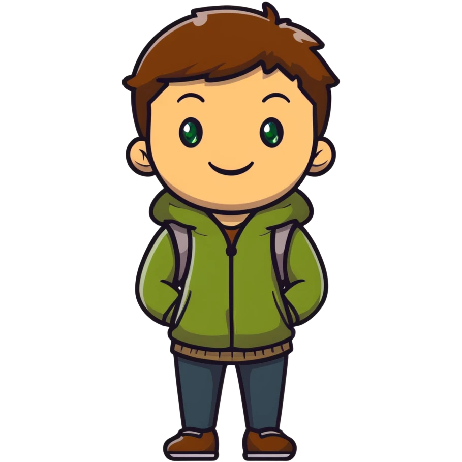 Rudeus Greyrat smiling warmly, green eyes, short brown hair, wearing travel clothes, friendly and kind expression emoji