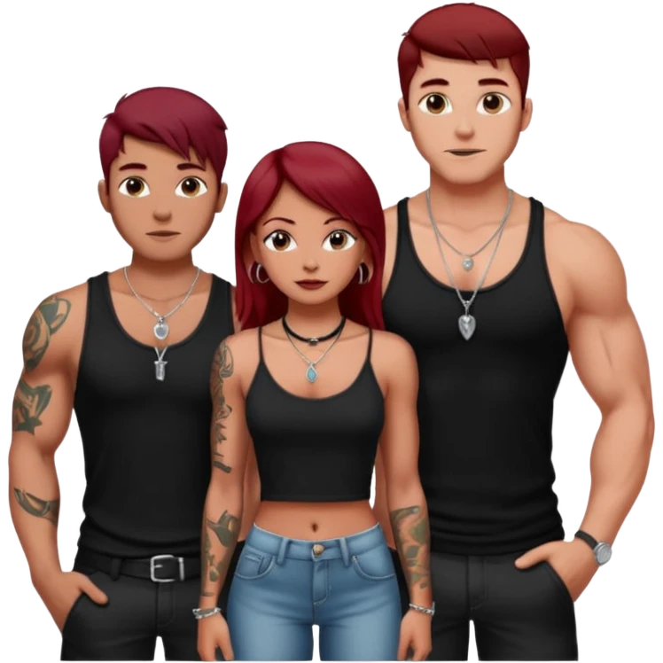 a pretty bratz fair girl with dark red straight hair, black cami top, silver dainty necklaces, rings, hoops, tattoos standing with two handsome lean but muscled guys emoji