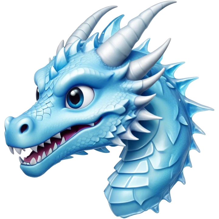 Cinematic Comical Beautiful Ice Dragon Portrait Emoji, Head tilted dramatically with an exaggeratedly amused expression, featuring a striking, glossy icy body with bold, crystalline textures and wide, expressive eyes that shimmer with playful frost, rendered with vibrant, lifelike detail and dynamic, natural shadows, high shine, dramatic yet whimsical, styled with an air of cheeky arctic mischief, soft glowing outline, capturing the essence of a spirited and over‐the‐top ice marvel that looks ready to burst into a flurry of frosty fun! emoji